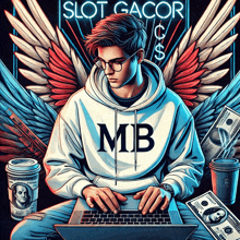 a man wearing a hoodie that says mb is using a laptop