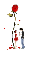 a boy is giving a red rose to a girl in a red dress