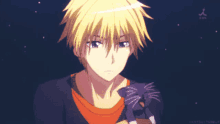 a yellow haired anime character holds a black cat in his arms