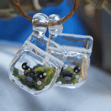 a pair of clear glass pendants with a frog inside