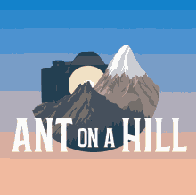 a logo for ant on a hill features mountains and trees