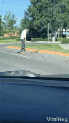 a man is walking across a street with a squirrel in the background and the word viralhog on the bottom