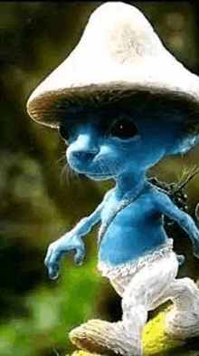 a blue smurf wearing a mushroom hat and white underwear is walking .