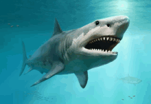 a shark is swimming in the water with its mouth open