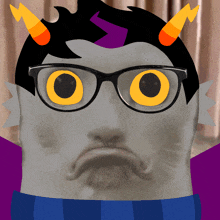 a cartoon character with horns and glasses has a sad face