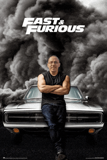 a fast and furious poster with a man leaning on a car