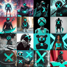 a collage of images with a blue x on them