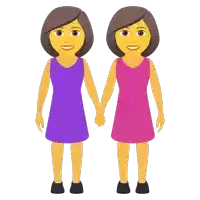 two women in purple and pink dresses holding hands on a white background