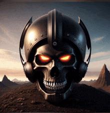 a skull wearing a helmet and headphones with glowing eyes