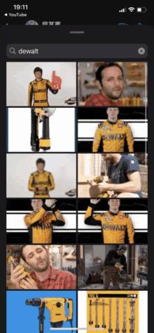 a man in a dewalt shirt is shown holding a drill