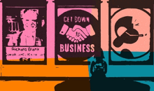 a poster that says get down business is hanging on a wall