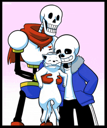 a cartoon drawing of papyrus and sans holding a white cat