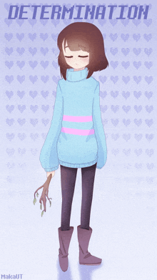 a drawing of a girl in a blue sweater with the word determination on it