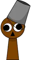 a cartoon character wearing a bucket on his head