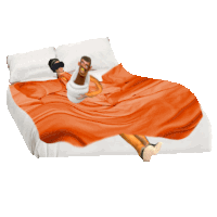 a cartoon character is laying on a bed with a white blanket