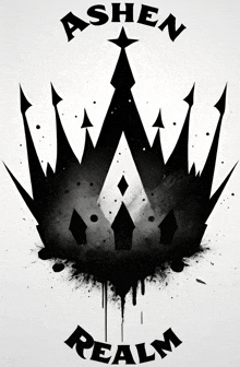 a black and white drawing of a crown with the words " ashen realm " below it