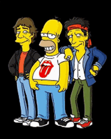 three cartoon characters are standing next to each other and one of them is wearing a rolling stones t-shirt .