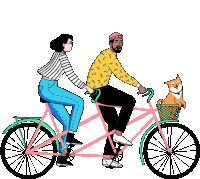 a man and a woman are riding a pink tandem bike with a dog in the basket