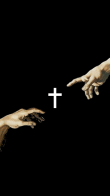 a painting of two hands reaching for each other with a cross in the background .