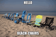 a row of beach chairs on the sand with the words hello beach chairs