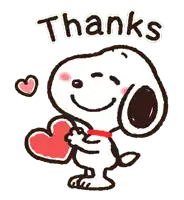 a cartoon of snoopy holding a heart with the words thanks above him