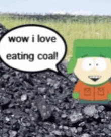 a cartoon character is standing next to a pile of coal and says wow i love eating coal