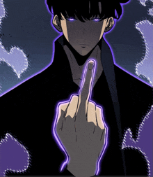 a man with purple eyes and a middle finger up