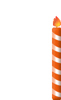 a tall orange and white striped birthday candle with a lit flame