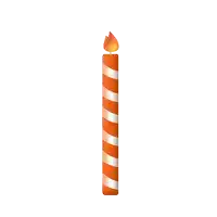 a tall orange and white striped birthday candle with a lit flame