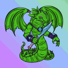 a drawing of a green dragon with wings holding a sword