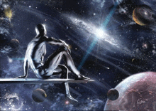 a painting of a man sitting on a ledge looking at the stars