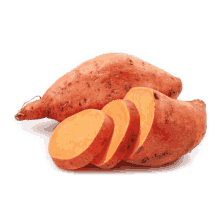 a sweet potato that has been cut into slices on a white background