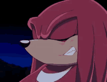 a close up of knuckles the echidna from sonic the hedgehog with his eyes closed and his mouth open .