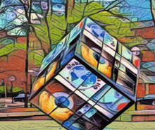 a painting of a colorful cube with the word globus on it