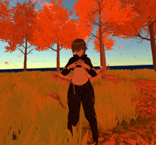 a girl with wings is standing in a field of orange trees