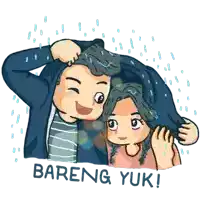 a cartoon of a man carrying a woman in the rain with the words bareng yuk below them