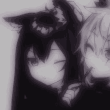 a boy and a girl with cat ears are standing next to each other in a black and white drawing .