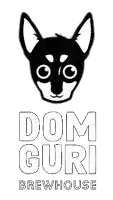 a black and white drawing of a dog with the words dom guri brewhouse underneath it