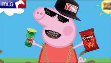 a cartoon pig wearing sunglasses and a hat holding a bag of doritos and a mountain dew cup