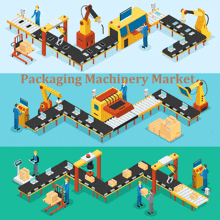 an illustration of a conveyor belt with the words packaging machinery market below it