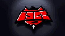 a red and black logo on a dark background