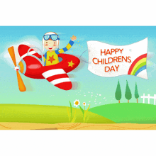 a happy children 's day greeting card with a boy flying in a plane