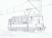 a black and white drawing of a train with ep08-032 written on the front