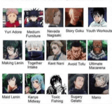 a picture of a bunch of anime characters with their names on them .