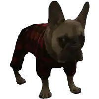 a french bulldog wearing a plaid shirt and pants