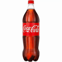 a plastic bottle of coca cola with a red cap on a white background .