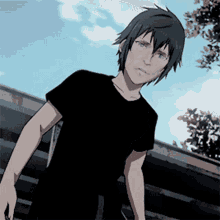 a boy with black hair and a black shirt is standing in front of a blue sky