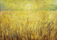 a painting of a field of wheat with the sun shining brightly