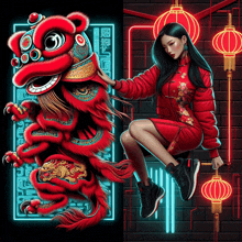 a woman in a red dress is sitting next to a lion with chinese writing on it