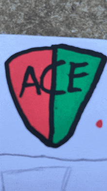 a drawing of a red and green shield with the word ace on it